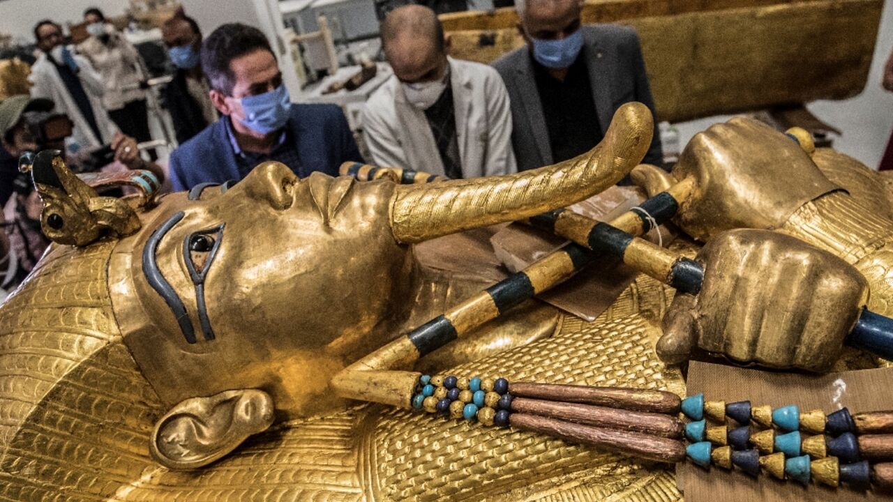 The golden sarcophagus of the Egyptian pharaoh Tutankhamun in a restoration lab at the newly-built Grand Egyptian Museum in Giza The golden sarcophagus of the Egyptian pharaoh Tutankhamun in a restoration lab at the newly-built Grand Egyptian Museum in Giza