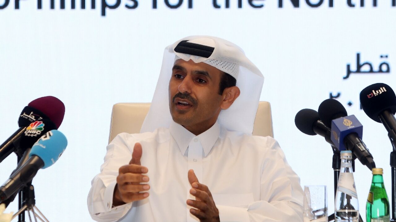 Qatar's Energy Minister and CEO of QatarEnergy Saad Sherida al-Kaabi speaks at a press conference after signing an agreement with the CEO of American multinational corporation ConocoPhillips