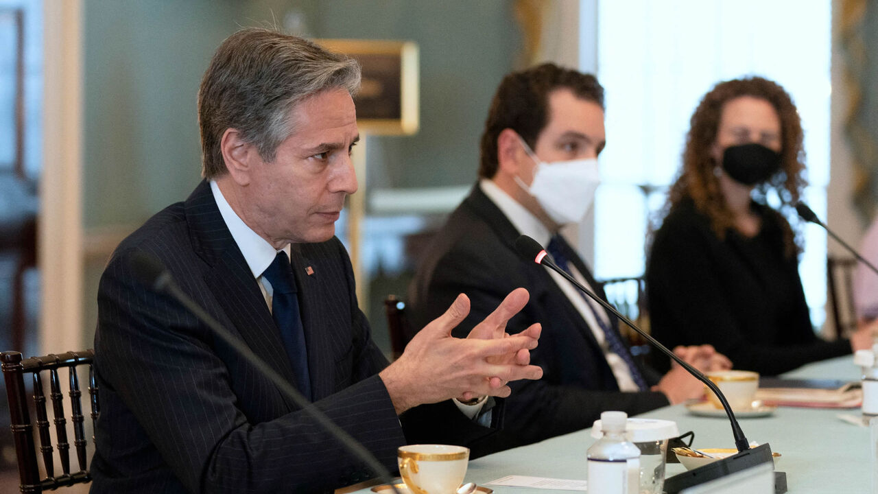 US Secretary of State Antony Blinken speaks during a meeting with Yemeni Foreign Minister Ahmed Awad Bin Mubarak at the State Department, Washington, May 17, 2022.