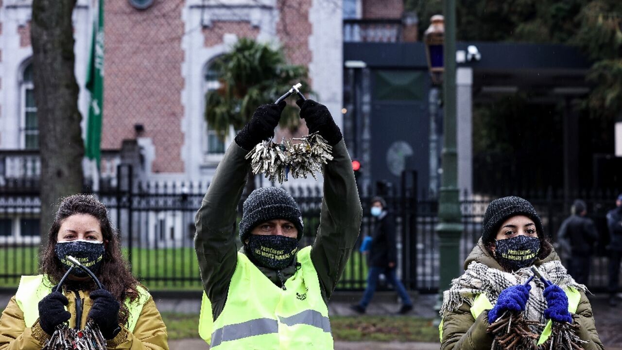 Activists of Amnesty International demonstrate in front of the Saudi embassy in Brussels in January 2021 for the release of blogger Raif Badawi Activists of Amnesty International demonstrate in front of the Saudi embassy in Brussels in January 2021 for the release of blogger Raif Badawi