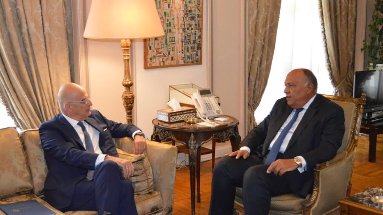 Egyptian Foreign Minister Sameh Shoukry (R) met with his Greek counterpart Nikos Dendias in Cairo on Sunday, discussing events in neighbouring Libya Egyptian Foreign Minister Sameh Shoukry (R) met with his Greek counterpart Nikos Dendias in Cairo on Sunday, discussing events in neighbouring Libya