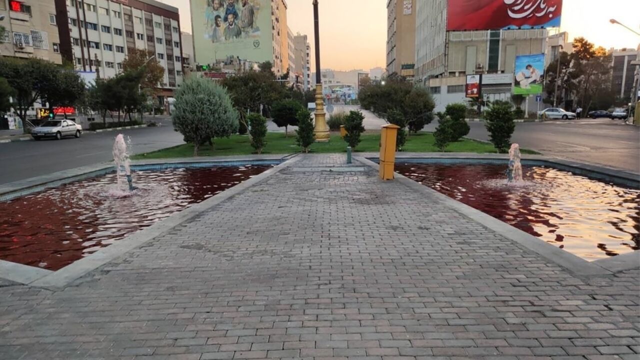 Activists who took to Twitter described the red fountains as "works of art" titled "Tehran covered in blood", adding that they were created by an anonymous artist Activists who took to Twitter described the red fountains as "works of art" titled "Tehran covered in blood", adding that they were created by an anonymous artist