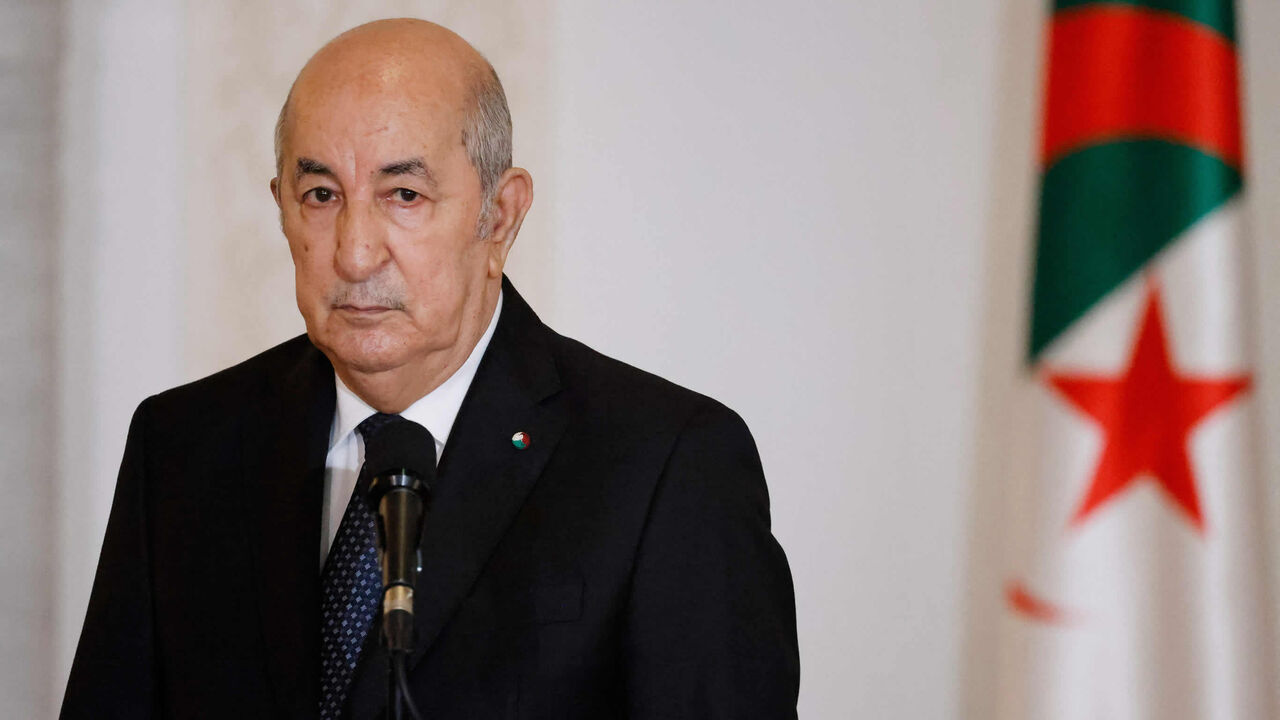 Algeria's President Abdelmadjid Tebboune delivers a speech during a signing ceremony in the pavilion of honor at Algiers airport, Algiers, Algeria, Aug. 27, 2022.