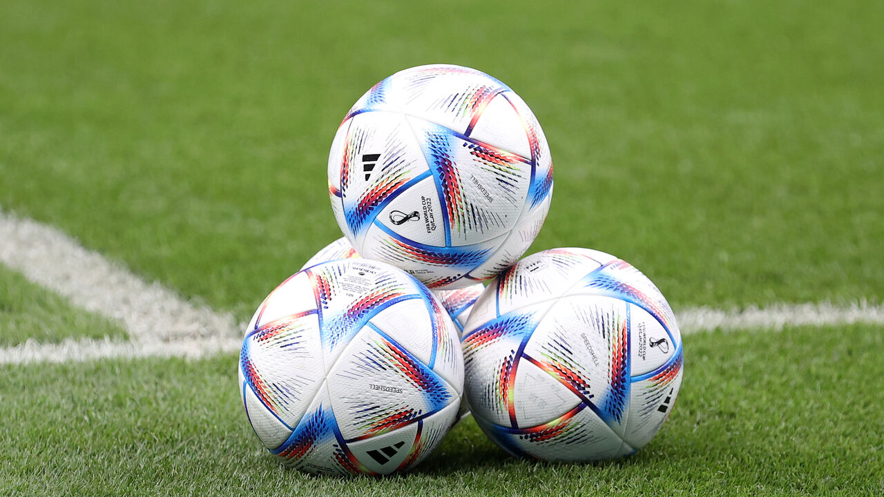 A detailed view of the adidas ‘Al-Rihla’ official soccer ball on the pitch prior to the FIFA World Cup Qatar 2022 Group A match between Ecuador and Senegal at Khalifa International Stadium, Doha, Qatar, Nov. 29, 2022.