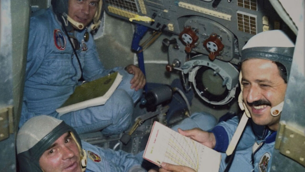 Muhammed Faris (R) is seen during the spaceflight aboard the Soyuz TM-3, July 1987.