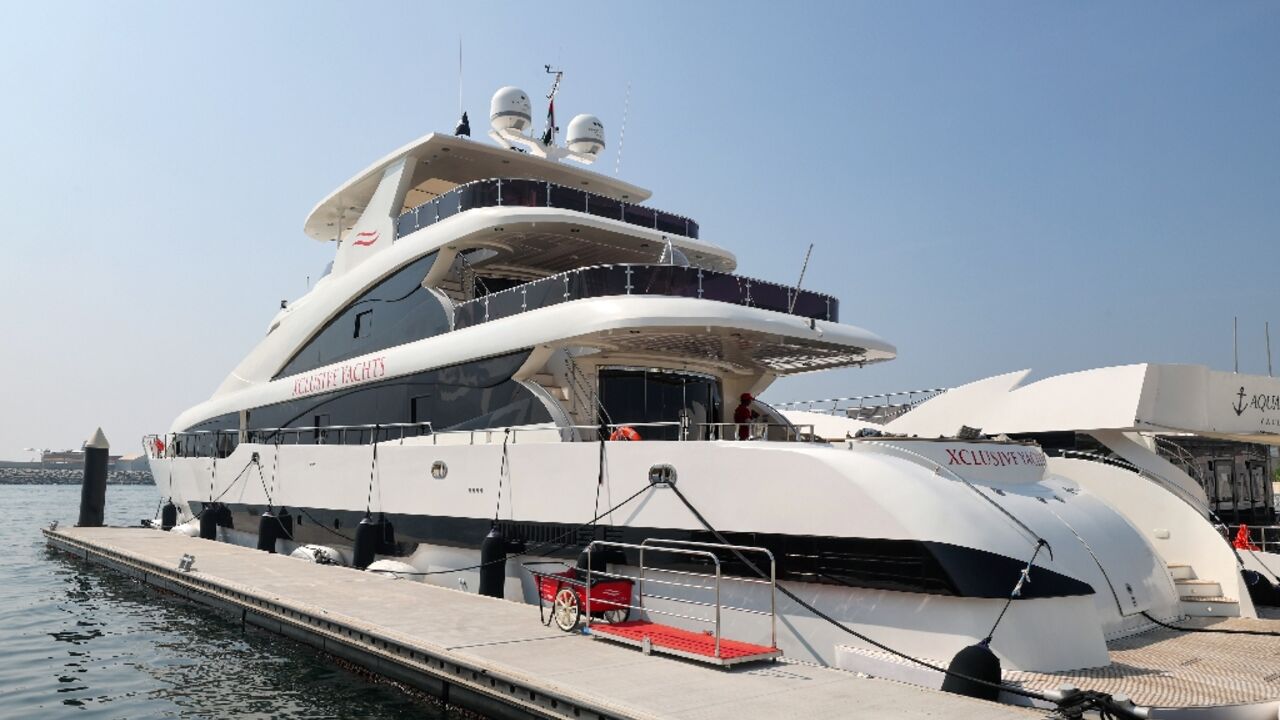 One of the luxurious yachts bobbing in Dubai harbour which are available to rent and are among the five-star options for wealthy football fans who want to watch the World Cup in style One of the luxurious yachts bobbing in Dubai harbour which are available to rent and are among the five-star options for wealthy football fans who want to watch the World Cup in style