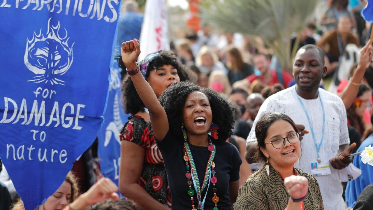 Climate activists protest outside the COP27 in Egypt on November 17, 2022