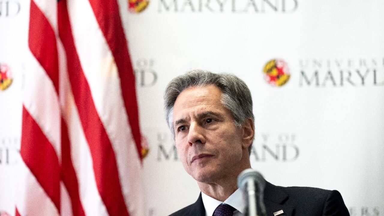 US Secretary of State Antony Blinken speaks during the Trade and Technology Council  ministerial meeting at the University of Maryland in College Park, Maryland