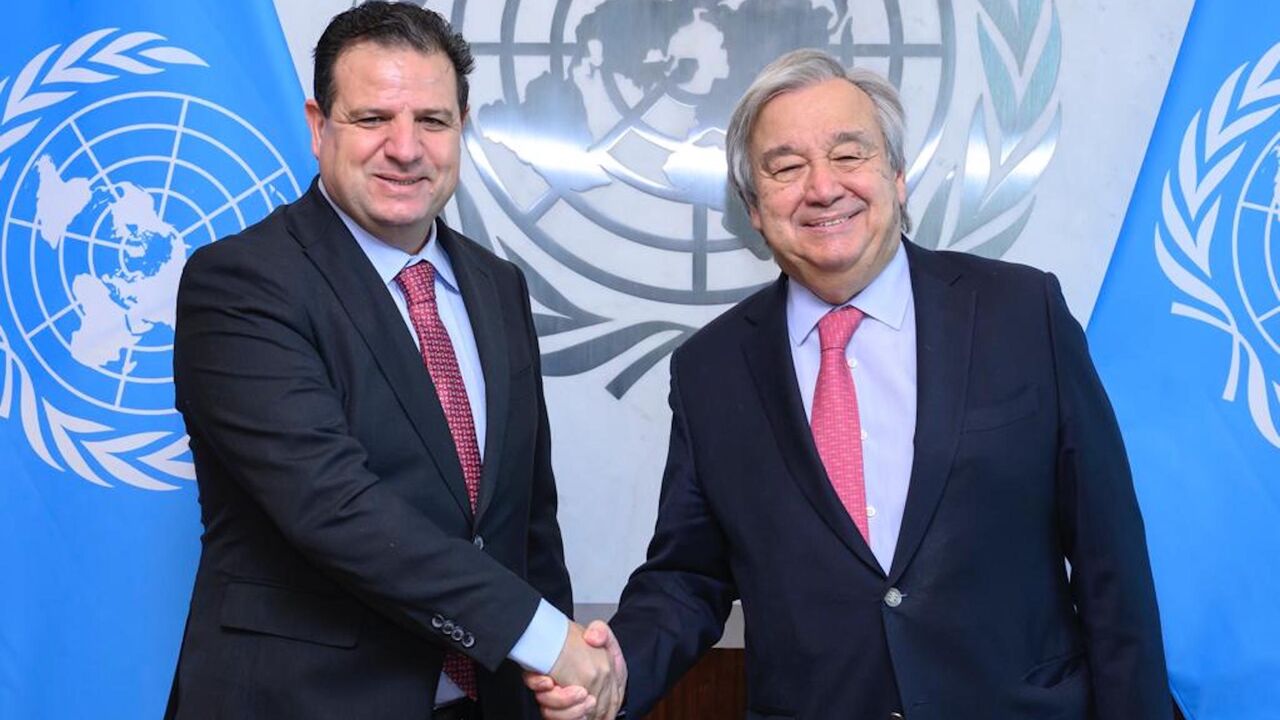 Joint List Party leader Ayman Odeh meets with UN Secretary General Antonio Guterres in New York on Dec. 9, 2022.