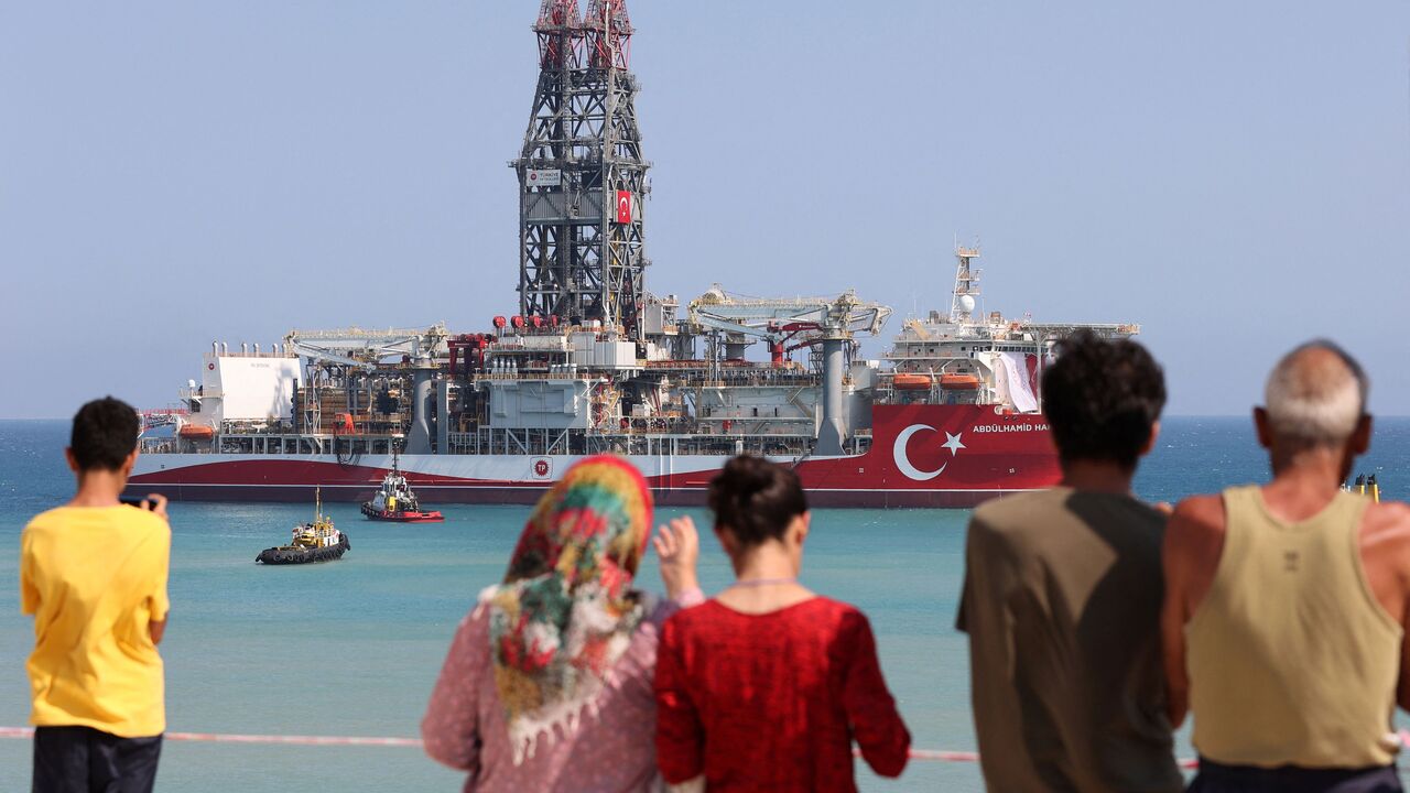 The Abdulhamid Han drill ship, the fourth built by Turkey, in Mersin on August 9, 2022 before it leaves for gas exploration to an undisputed area in the Mediterranean Sea, in south of the city of Gazipasa. (Photo by Adem ALTAN / AFP) (Photo by ADEM ALTAN/AFP via Getty Images)
