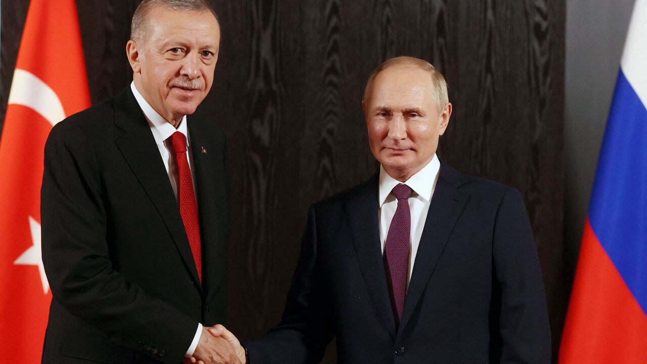 Russian President Vladimir Putin meets with Turkish President Recep Tayyip Erdogan on the sidelines of the Shanghai Cooperation Organisation (SCO) leaders' summit in Samarkand on September 16, 2022. (Photo by ALEXANDR DEMYANCHUK/SPUTNIK/AFP via Getty Images)