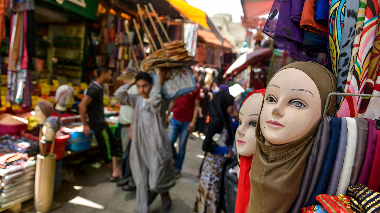 A general view shows headscarves for sale at Khan al-Khalili market, Cairo, Egypt, May 20, 2016.