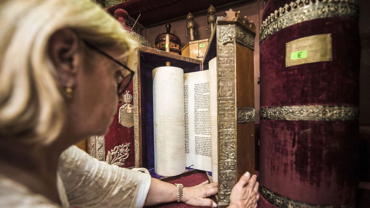 Magda Shehata Haroun talks during an interview with AFP at the Shaar Hashamayim Synagogue.