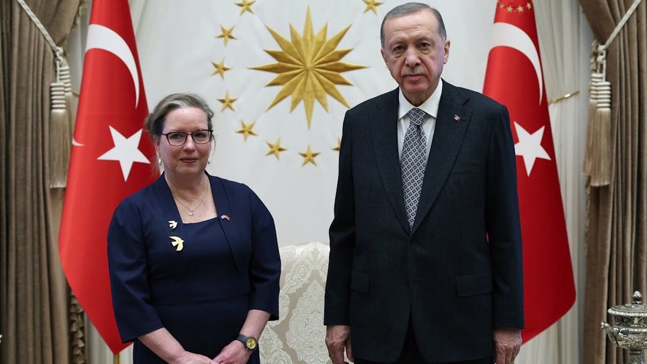 Israel's new ambassador Irit Lilian presents her letter of credentials to Turkish President Recep Tayyip Erdogan, Ankara, Turkey, Dec. 27, 2022.