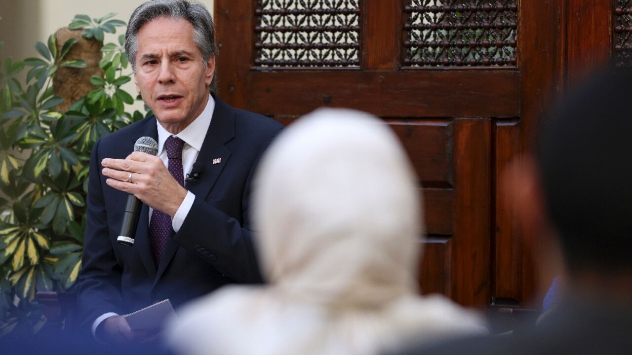 Blinken, seen here at the American University in Cairo, is expected on his trip to reiterate US support for a Palestinian state