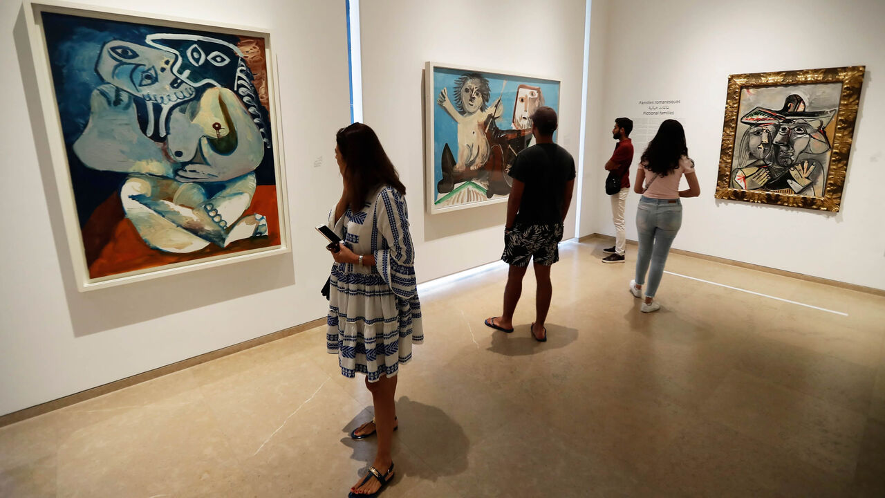 Visitors look at paintings by Spanish artist Pablo Picasso displayed at the Sursock Museum, Beirut, Lebanon, Sept. 27, 2019.