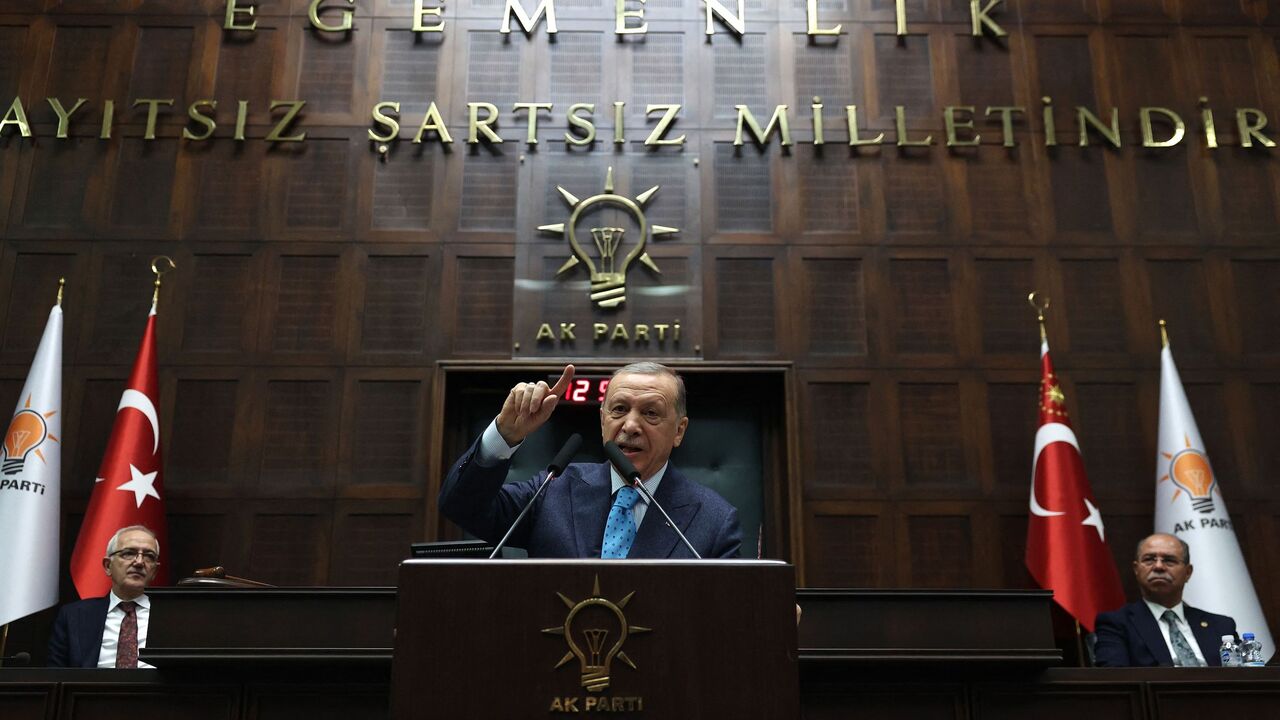 Turkish President and leader of the Justice and Development Party (AKP) Recep Tayyip Erdogan speaks during a group meeting at the Turkish Grand National Assembly in Ankara on Jan. 18, 2023.