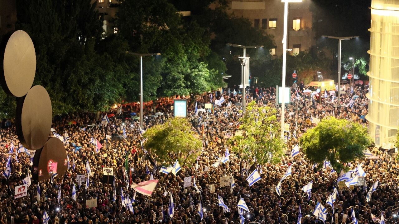 The demonstration is the biggest since Netanyahu's new government took power in late December The demonstration is the biggest since Netanyahu's new government took power in late December