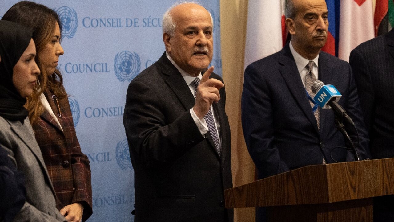 Riyad Mansour, the Palestinian envoy to the UN, addresses the media following a declaration by the UN Security Council expressing 'dismay' at continued Israeli settlements in Palestinian lands Riyad Mansour, the Palestinian envoy to the UN, addresses the media following a declaration by the UN Security Council expressing 'dismay' at continued Israeli settlements in Palestinian lands