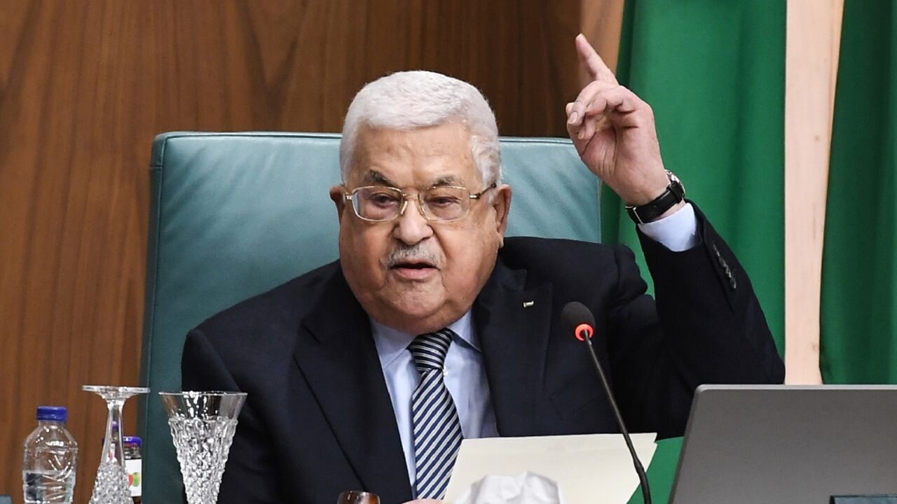 Palestinian Authority president Mahmud Abbas speaks during the Arab League's "Summit for Jerusalem" in Cairo on February 12, 2023