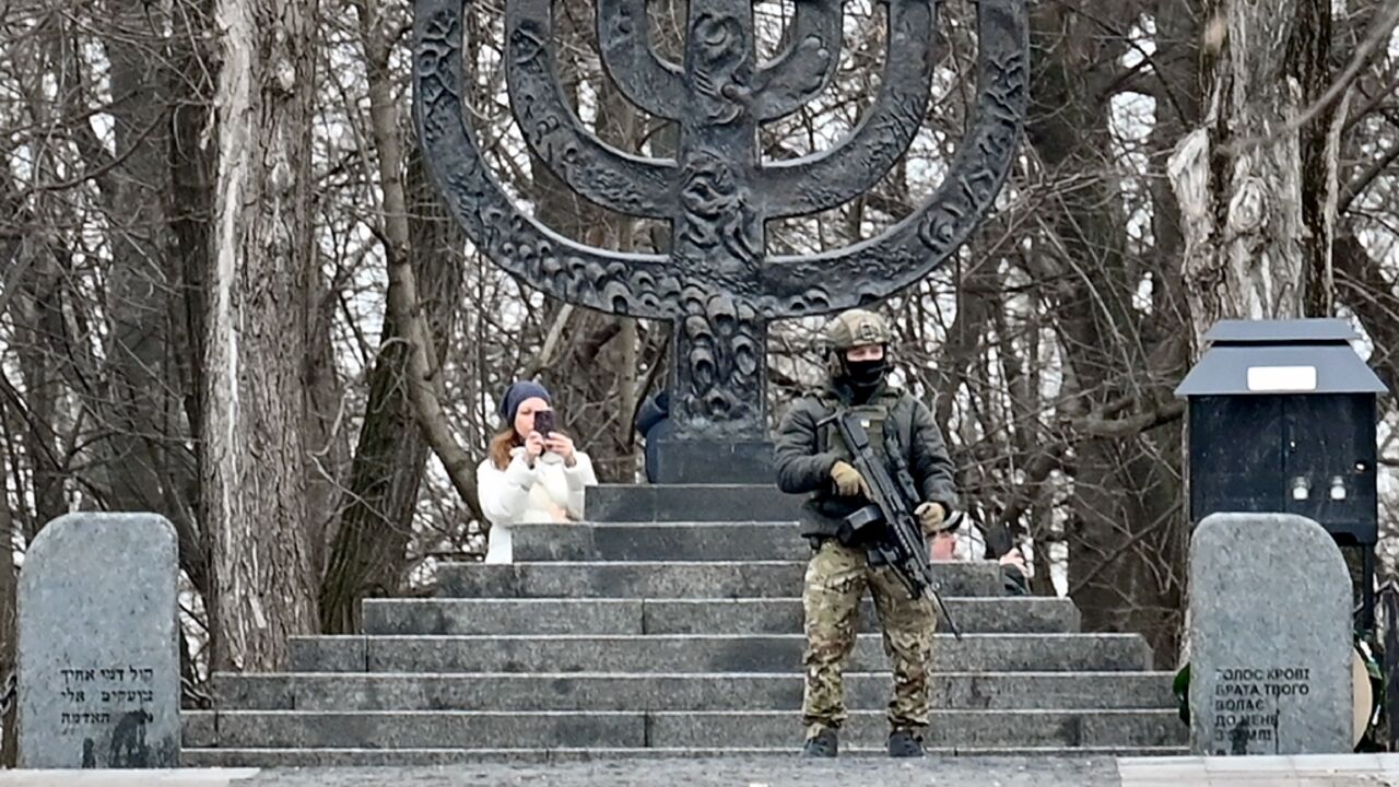 Israeli Foreign Minister Eli Cohen paid his respects at Kyiv's Babi Yar memorial to the almost 34,000 Jews massacred in 1941 while the city was under Nazi occupation Israeli Foreign Minister Eli Cohen paid his respects at Kyiv's Babi Yar memorial to the almost 34,000 Jews massacred in 1941 while the city was under Nazi occupation