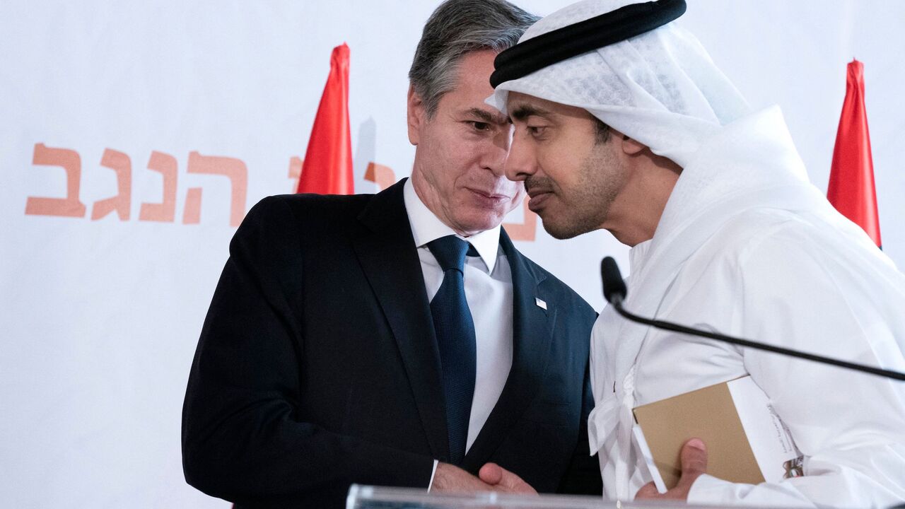 US Secretary of State Antony Blinken (L) speaks with United Arab Emirates Foreign Minister Sheikh Abdullah bin Zayed Al Nahyan, in Sde Boker, Israel on March 28, 2022. - Blinken and the top diplomats of Israel and four Arab states held a landmark meeting to discuss issues from the Iran nuclear negotiations to the global shockwaves of Russia's invasion of Ukraine. (Photo by Jacquelyn Martin / POOL / AFP) (Photo by JACQUELYN MARTIN/POOL/AFP via Getty Images)