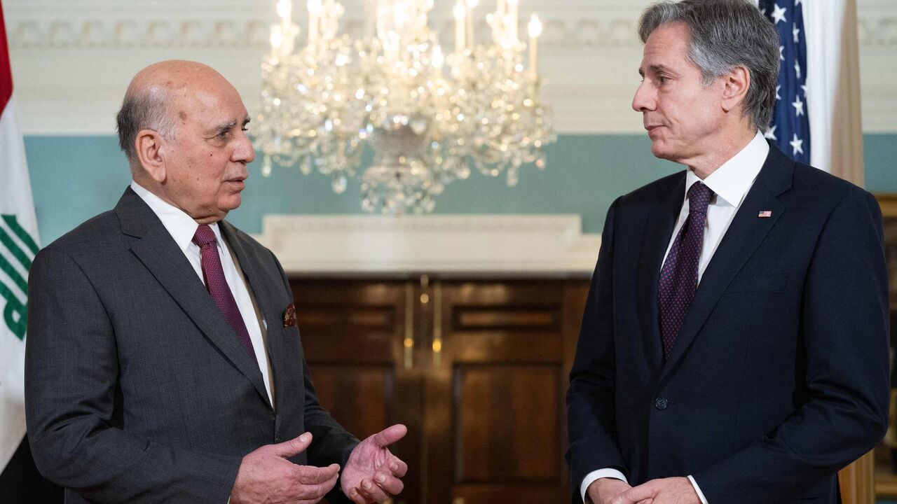 US Secretary of State Antony Blinken and Iraqi Foreign Minister Fuad Hussein speak to the media prior to a meeting, in the Treaty Room of the US State Department in Washington, DC, on February 9, 2023. (Photo by SAUL LOEB / AFP) (Photo by SAUL LOEB/AFP via Getty Images)