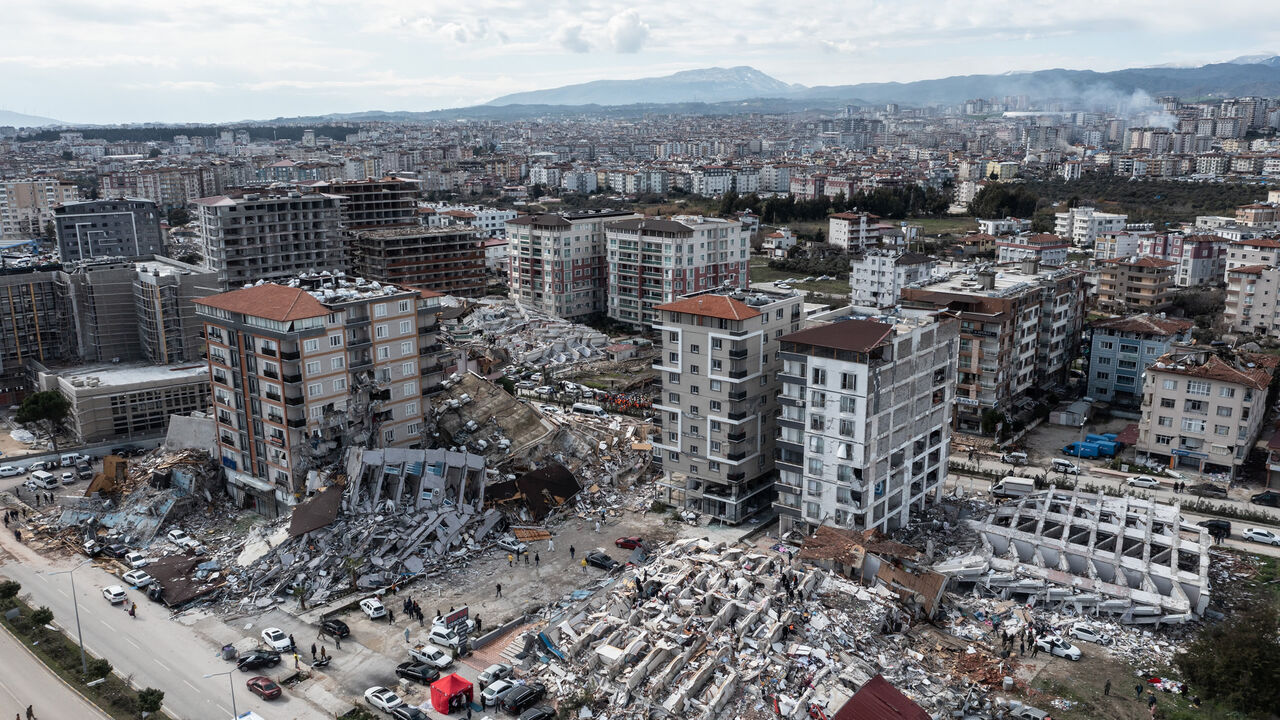 Collapsed buildings are seen in Hatay, following the two earthquakes that hit on Monday, Turkey, Feb. 7, 2023.