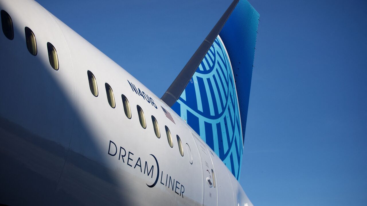 The exterior of a 787 Dreamliner at the Boeing manufacturing facility in North Charleston, on December 13, 2022. - Betting on robust demand for international travel, United Airlines on Tuesday unveiled an order of 100 new Boeing 787 Dreamliners with options for an additional 100 jets. (Photo by Logan Cyrus / AFP) (Photo by LOGAN CYRUS/AFP via Getty Images)