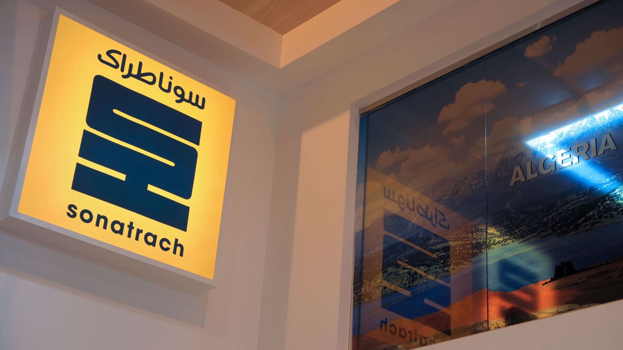 A picture shows the logo of Algerian state energy giant Sonatrach during the World Gas Conference exhibition in Paris on June 2, 2015. AFP PHOTO / ERIC PIERMONT (Photo by Eric PIERMONT / AFP) (Photo by ERIC PIERMONT/AFP via Getty Images)