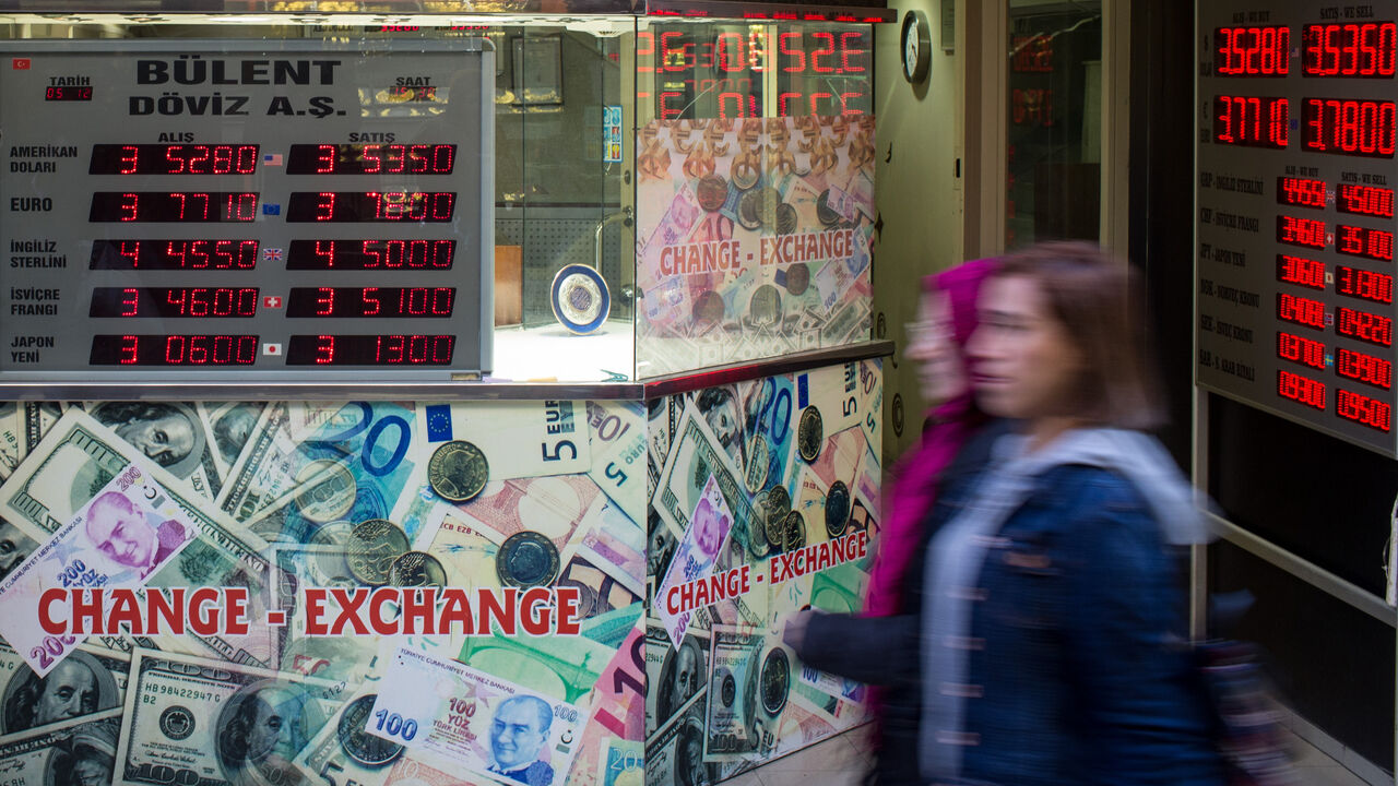 ISTANBUL, TURKEY - DECEMBER 05: People wallk past a currency exchange shop on December 5, 2016 in Istanbul, Turkey. As the Turkish Lira plunged to record lows in past weeks, President Recep Tayyip Erdogan in a speech Saturday said his political enemies were trying to sabotage the economy and urged citizens to convert their foreign currency savings into lira or gold. Borsa Istanbul, Turkey's main stock exchange, became the first institution to act on the presidents call, converting all it's cash assets to li