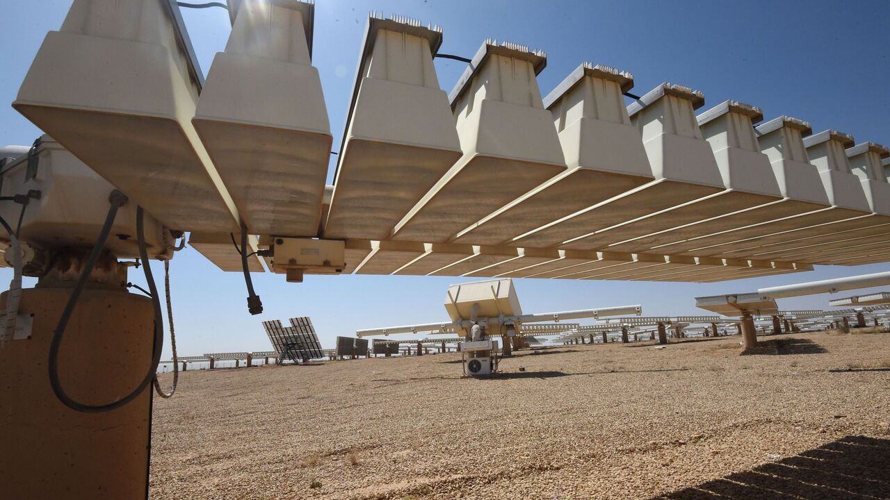 A general view shows the solar plant in Uyayna, north of Riyadh, on March 29, 2018. - On March 27, Saudi announced a deal with Japan's SoftBank to build the world's biggest solar plant. (Photo by FAYEZ NURELDINE / AFP) (Photo credit should read FAYEZ NURELDINE/AFP via Getty Images)
