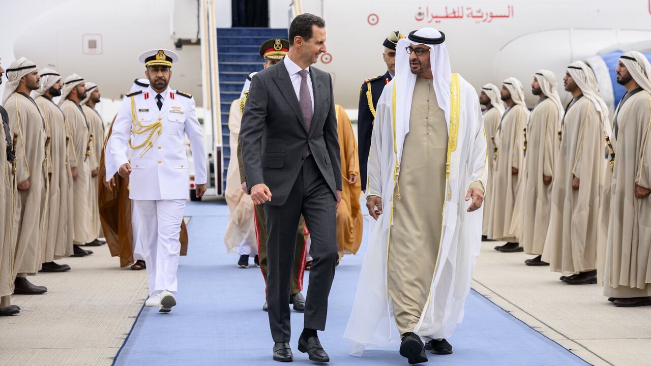 UAE President Sheikh Mohammed bin Zayed welcoming his Syrian counterpart Bashar al-Assad in Abu Dhabi March 19, 2023. 