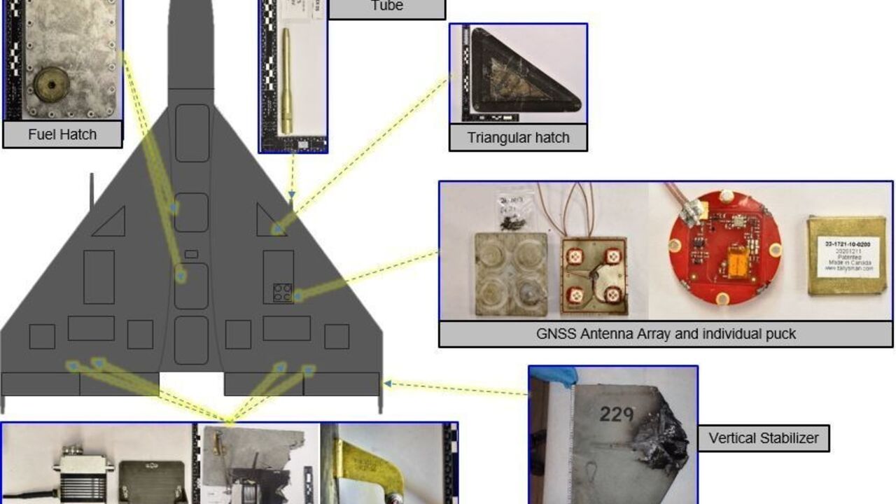 The US Defense Department used components found at the scene to identify the drone used in a November 2022 attack on a tanker as an Iranian Shahed-136 as shown in this handout photo from the department 