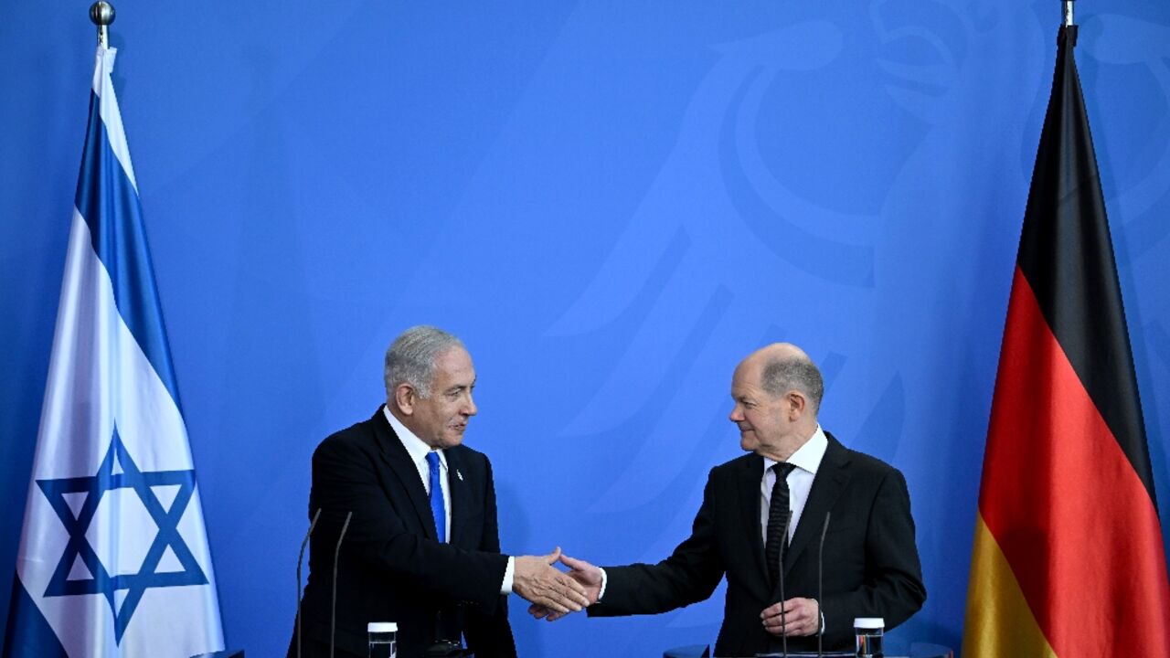 German Chancellor Olaf Scholz (R), hosting Israeli Prime Minister Benjamin Netanyahu, urged compromise on his legal reform package German Chancellor Olaf Scholz (R), hosting Israeli Prime Minister Benjamin Netanyahu, urged compromise on his legal reform package