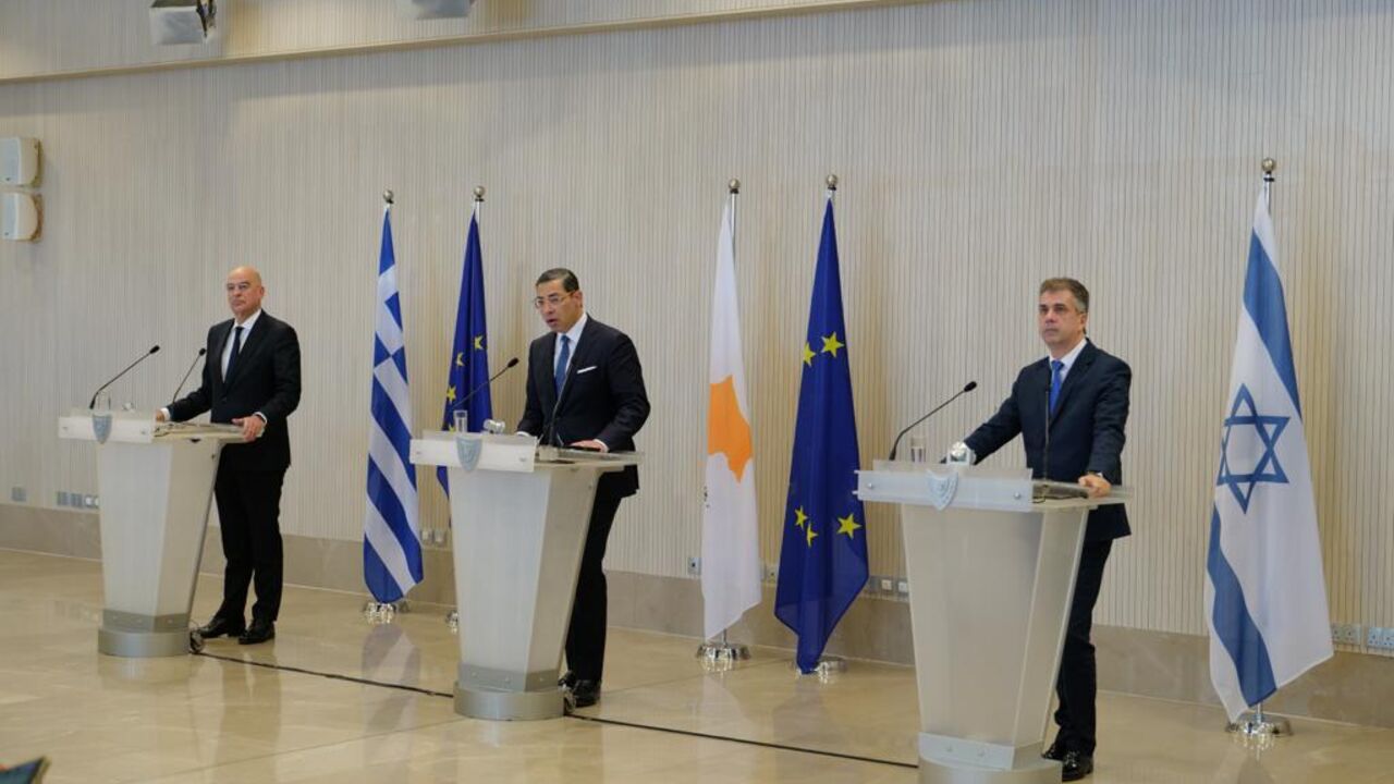 Israeli Foreign Minister Eli Cohen, Cypriot Foreign Minister Constantinos Kombos and Greek Foreign Minister Nikos Dendias meet in Nicosia, march 31 2023   Credit: Israel’s embassy in Cyprus