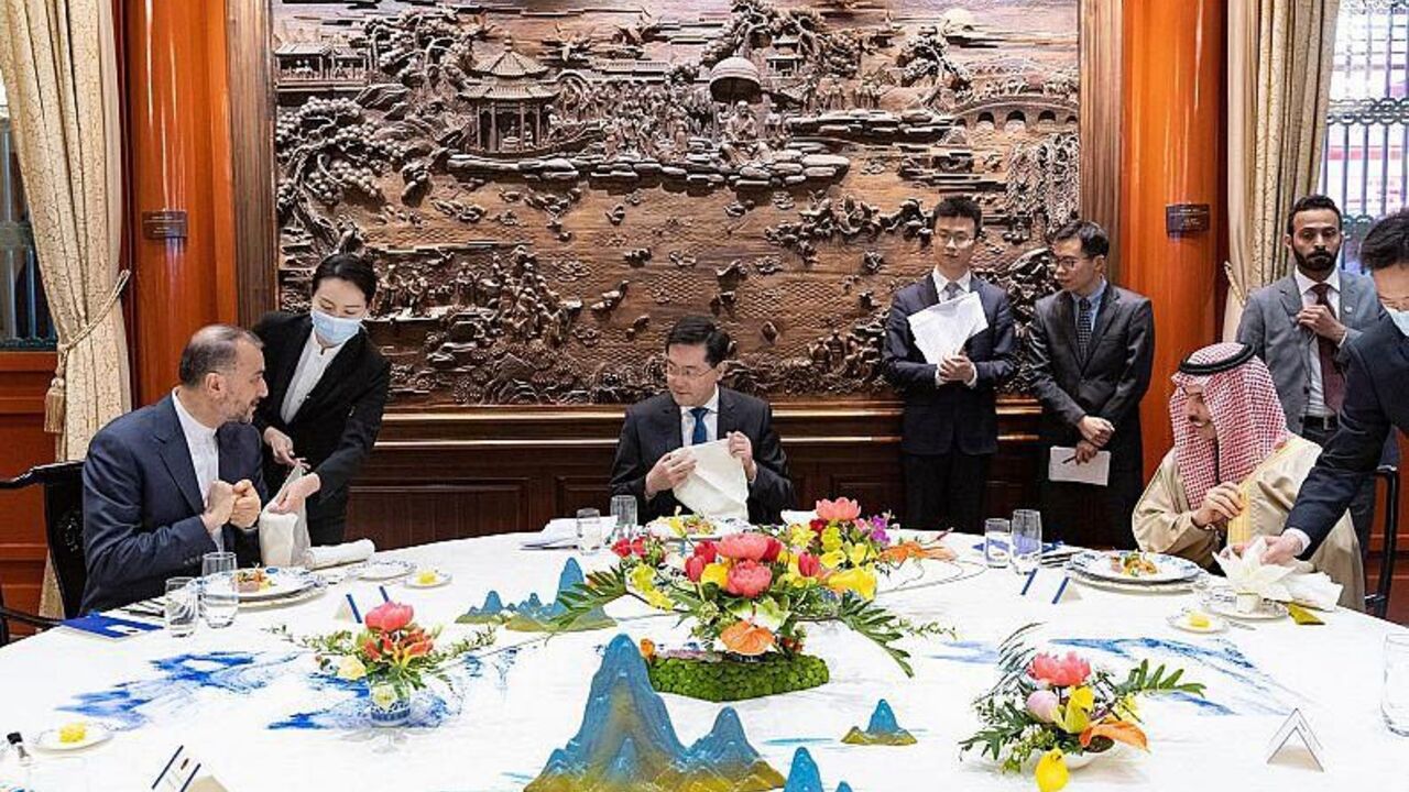 Iranian Foreign Minister Hossein Amir-Abdollahian (L), Chinese Foreign Minister Qin Gang (C) and Saudi Foreign Minister Prince Faisal bin Farhan Al Saud (R) in Beijing on April 6, 2023. - SPA