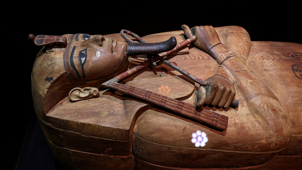 The sarcophagus of Pharaoh Ramses II is displayed on the opening day of the exhibition titled "Ramses the Great, the Gold of the Pharaohs" at the Grande Halle de la Villette, Paris, France, April 7, 2023.