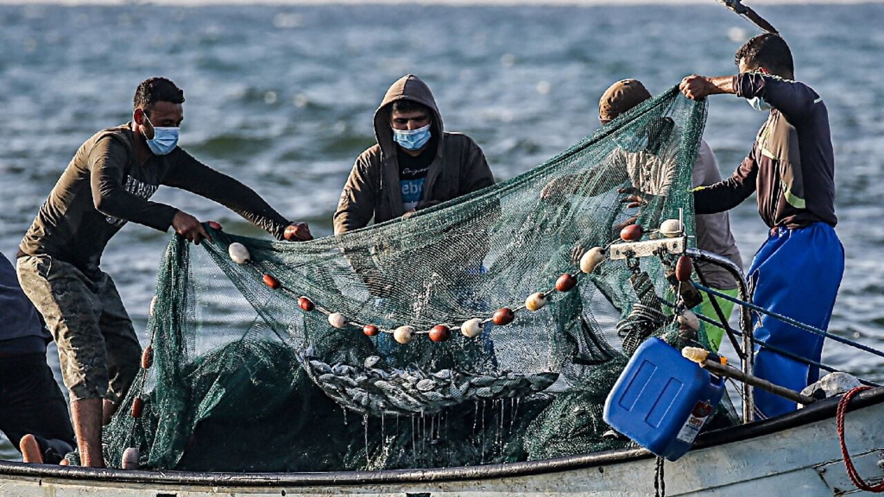 Palestinian fishermen in 2020 with fish caught in the Mediterranean Sea off Rafah in the southern Gaza Strip Palestinian fishermen in 2020 with fish caught in the Mediterranean Sea off Rafah in the southern Gaza Strip