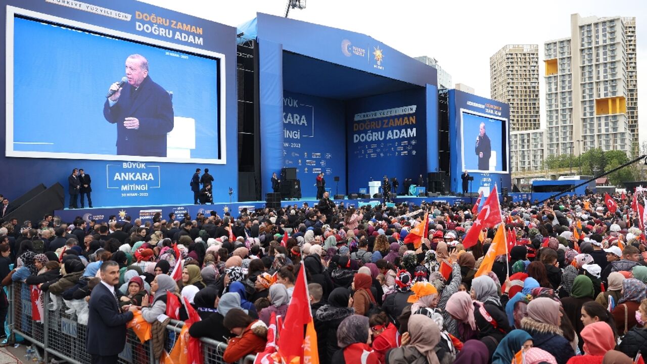 Recep Tayyip Erdogan's rallies feature videos that often spread false charges against his rivals