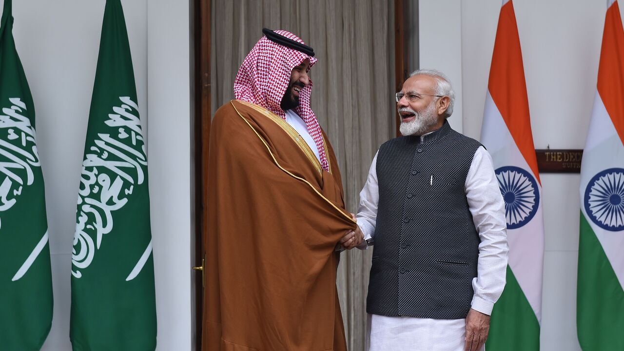 Indian Prime Minister Narendra Modi (R) shakes hands with Saudi Crown Prince Mohammed bin Salman prior to a meeting at Hyderabad House in New Delhi on February 20, 2019. - Saudi Arabia's Crown Prince Mohammed bin Salman received a warm welcome in India on February 20, with Riyadh eager to demonstrate it is not an international pariah after the murder of journalist Jamal Khashoggi in October. (Photo by MONEY SHARMA / AFP) (Photo credit should read MONEY SHARMA/AFP via Getty Images)