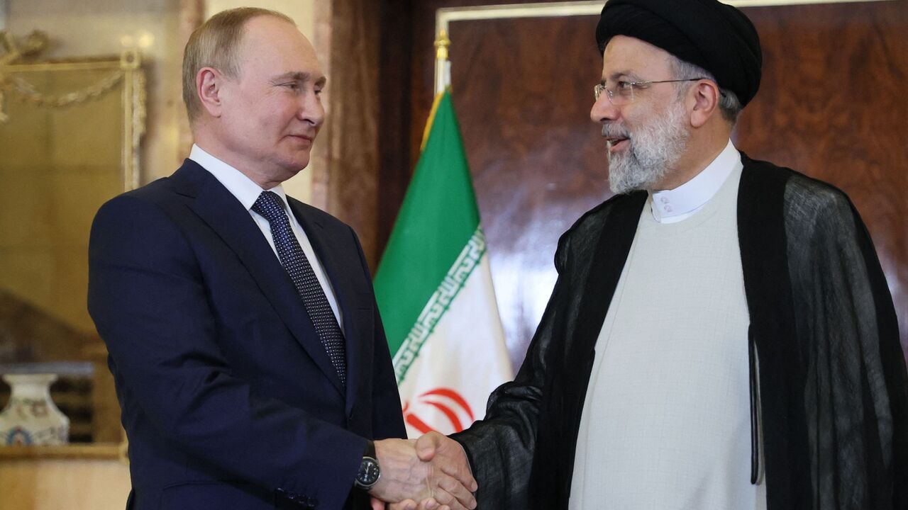 Russian President Vladimir Putin and Iran's President Ebrahim Raisi hold a meeting in Tehran on July 19, 2022. - Iran's president will host his Russian and Turkish counterparts for talks on the Syrian war in a three-way summit overshadowed by fallout from the Russian invasion of Ukraine. (Photo by Sergei SAVOSTYANOV / SPUTNIK / AFP) (Photo by SERGEI SAVOSTYANOV/SPUTNIK/AFP via Getty Images)