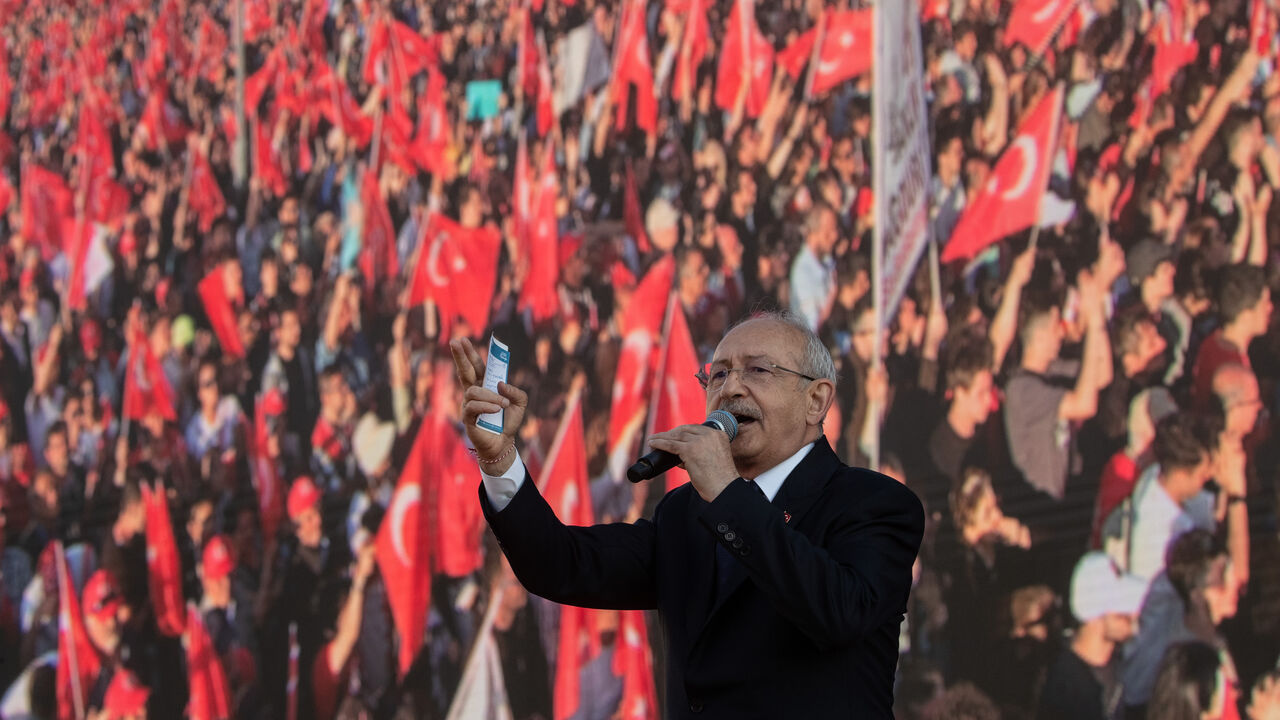 Leader of the Republican People's Party (CHP), Kemal Kilicdaroglu, and the presidential candidate of the Main Opposition alliance, speaks to supporters at a rally while campaigning for the presidential election on April 30, 2023 in Izmir, Turkey. CHP leader Kemal Kilicdaroglu is holding campaign rallies across Turkey ahead of the countries May 14, 2023 presidential and parliamentary elections. The Kilicdaroglu-led Nation Alliance is representing six opposition parties in next month's election against Presi