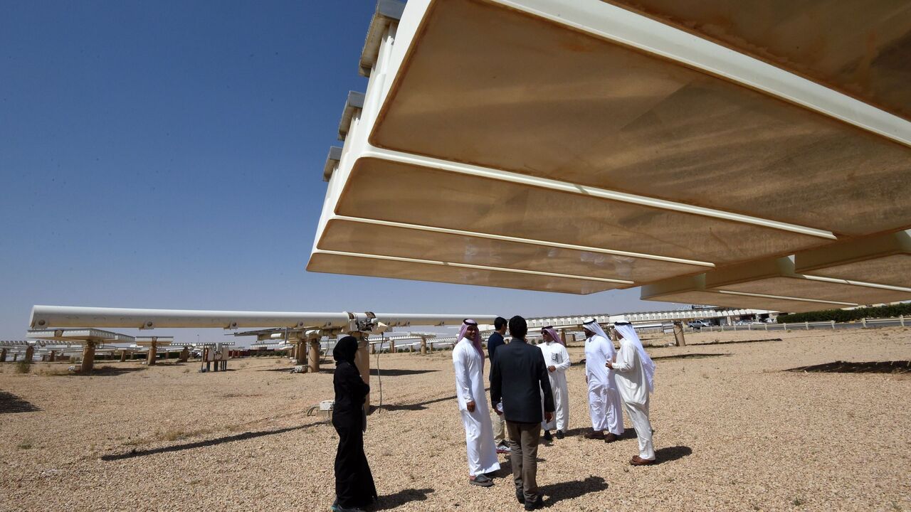 A general view shows the solar plant in Uyayna, north of Riyadh, on March 29, 2018. - On March 27, Saudi announced a deal with Japan's SoftBank to build the world's biggest solar plant. (Photo by FAYEZ NURELDINE / AFP) (Photo credit should read FAYEZ NURELDINE/AFP via Getty Images)
