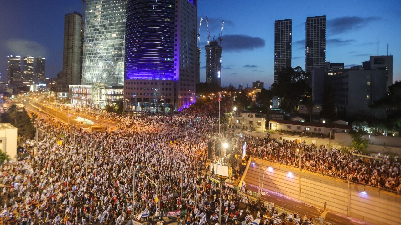 Demonstrators against the government's judicial overhaul bill throng Tel Aviv for the 22nd week running