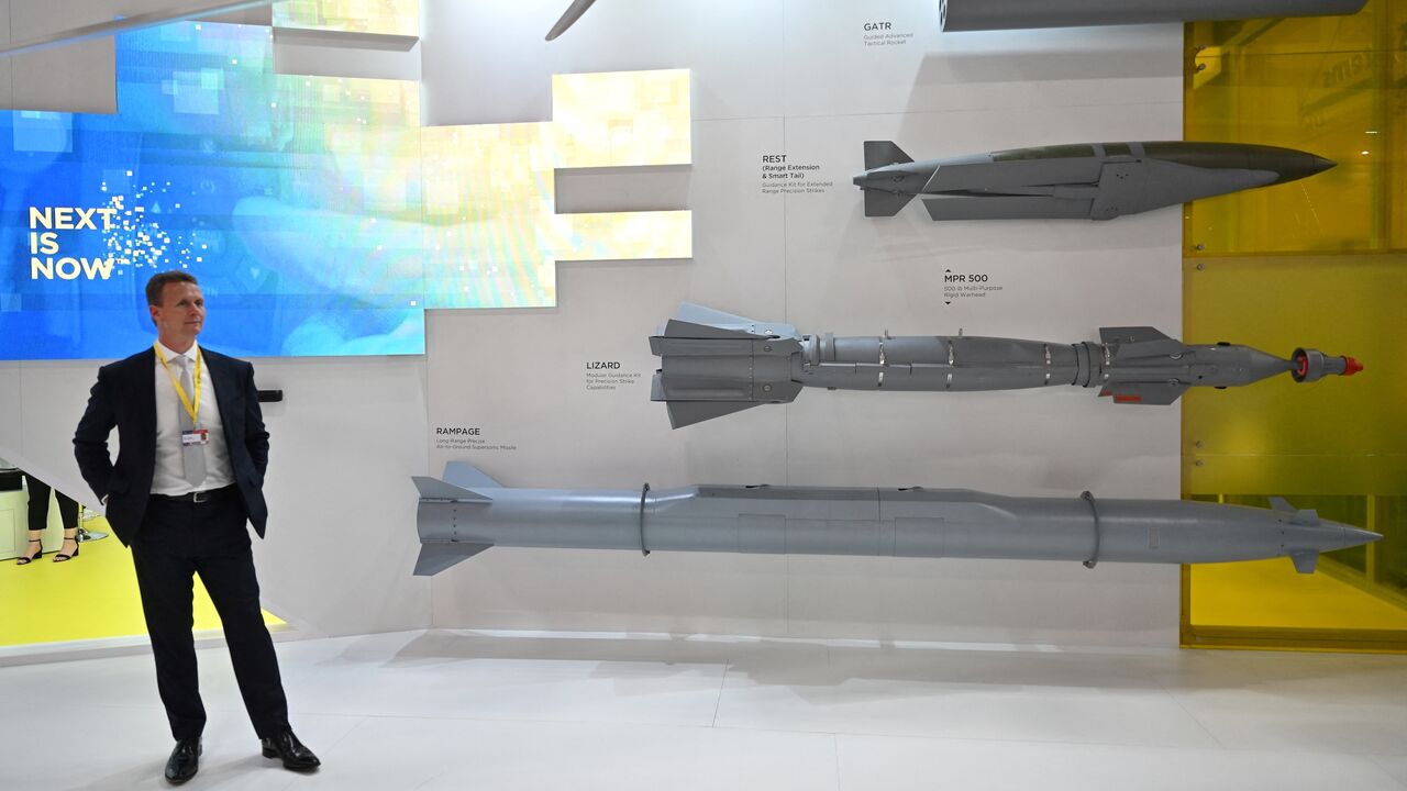 Models of long-range missiles are pictured at the Elbit systems display stand at the Farnborough Airshow, in Farnborough, on July 19, 2022. (Photo by JUSTIN TALLIS / AFP) (Photo by JUSTIN TALLIS/AFP via Getty Images)