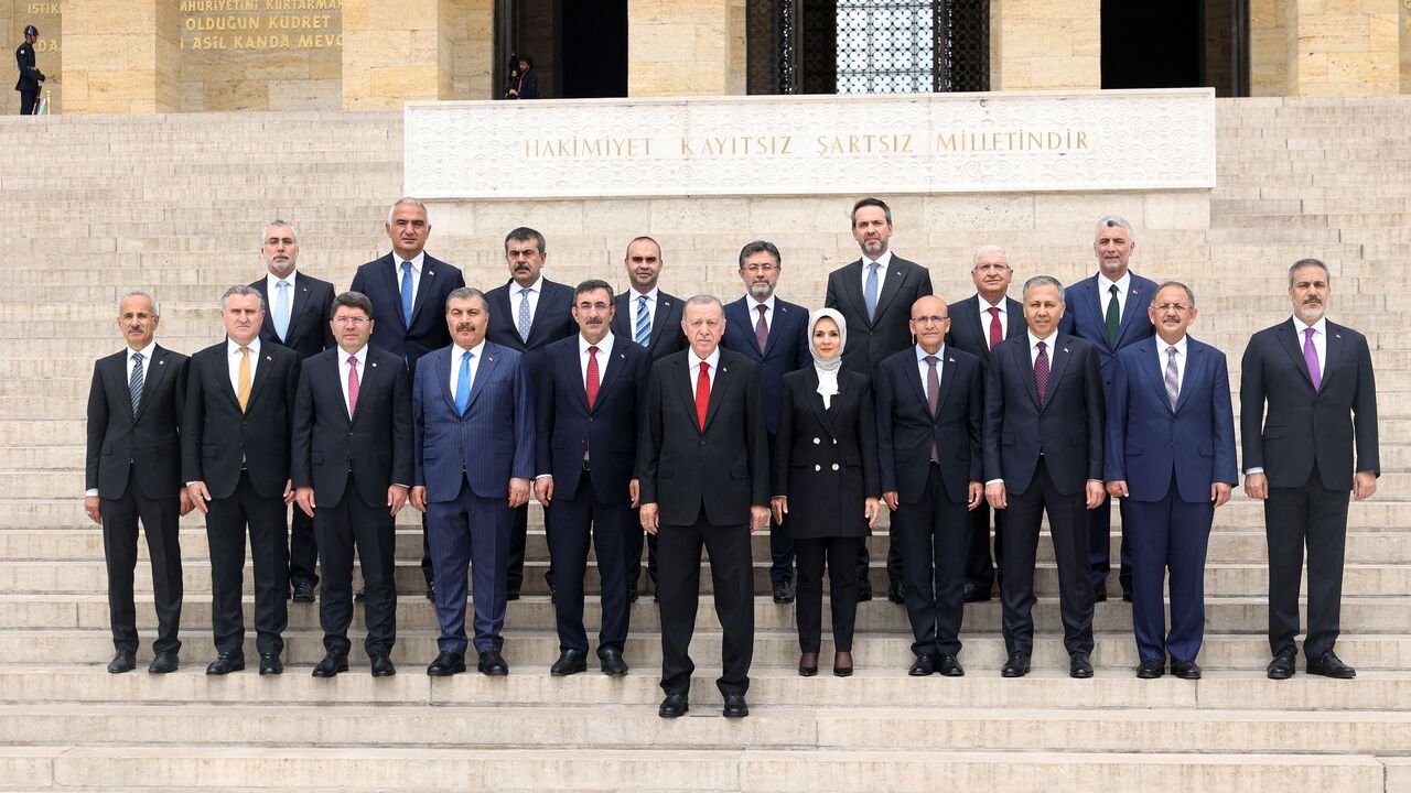 Turkish President Recep Tayyip Erdogan (C) and members of his new cabinet pose for a photo during a visit to Anitkabir, the mausoleum of Turkish Republic's founder Mustafa Kemal Ataturk, before their first cabinet meeting in Ankara, on June 6, 2023.