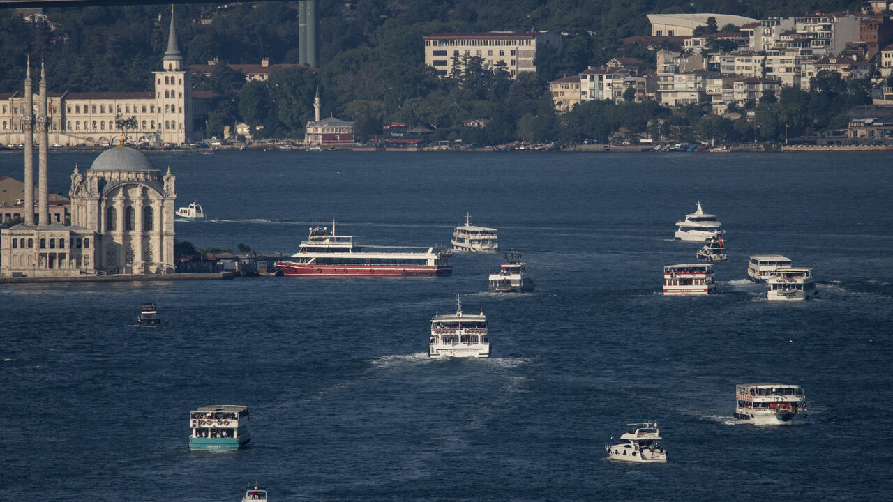 Ferries and tourist boats navigate the Bosphorus on June 22, 2023 in Istanbul, Turkey.