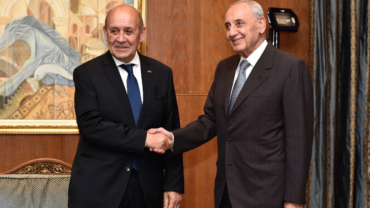 Lebanon's parliament speaker Nabih Berri (R) receives French special envoy Jean-Yves Le Drian in Beirut Lebanon's parliament speaker Nabih Berri (R) receives French special envoy Jean-Yves Le Drian in Beirut