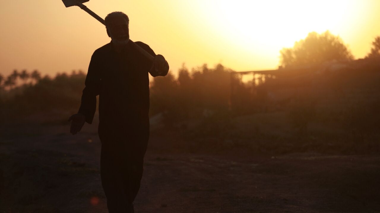 A farmer on the outskirts of the central Iraqi city of Hilla as temperatures soared past 45 degrees Celsius